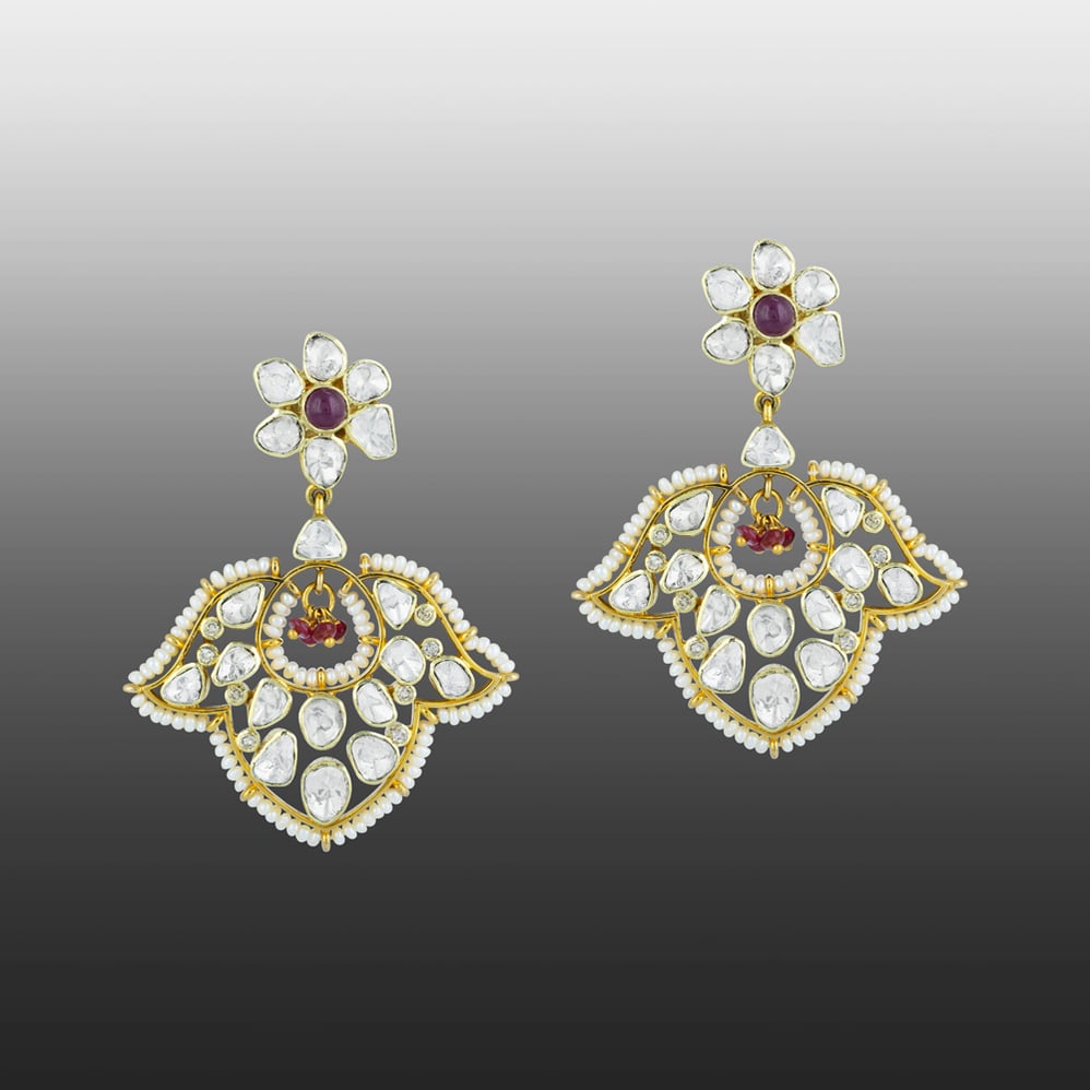 Floral Polki Earrings with Red Accent & Pearl Beads